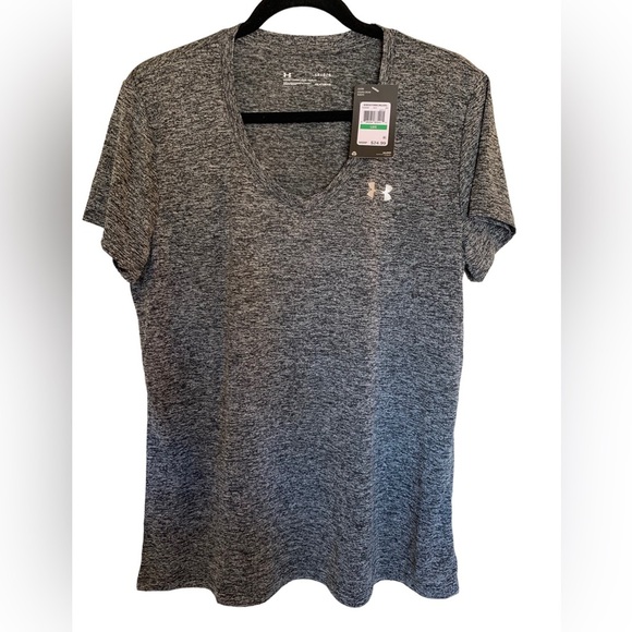 NWT Under Armour HeatGear Battleship Grey Heather workout shirt. size Large. - Picture 2 of 6